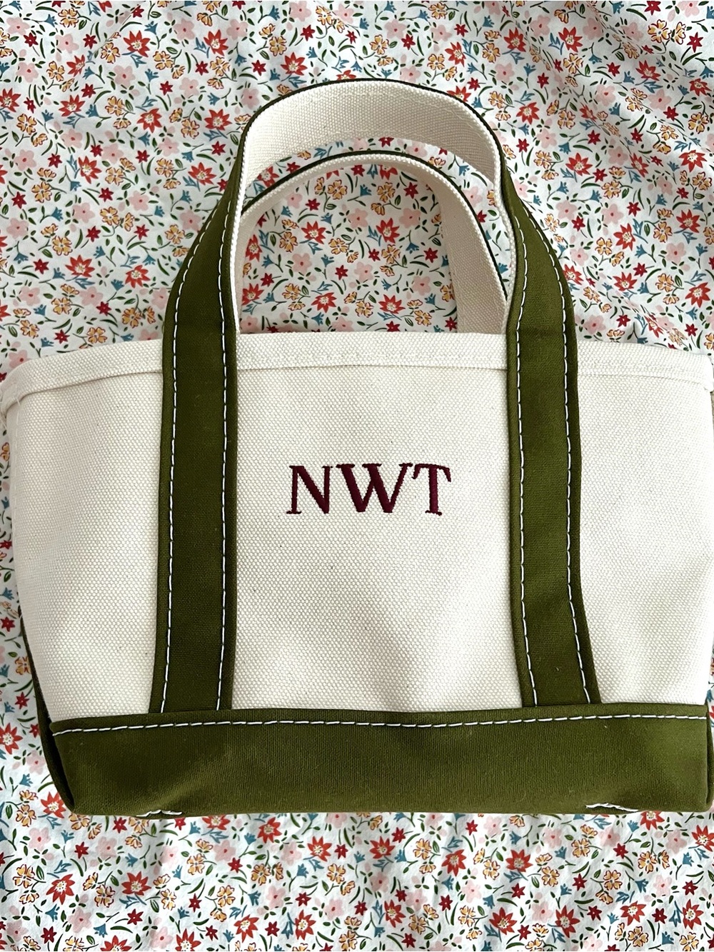 NEW Small LL Bean Boat and Tote Bag in Antique Olive - Burgundy NWT Embroidery